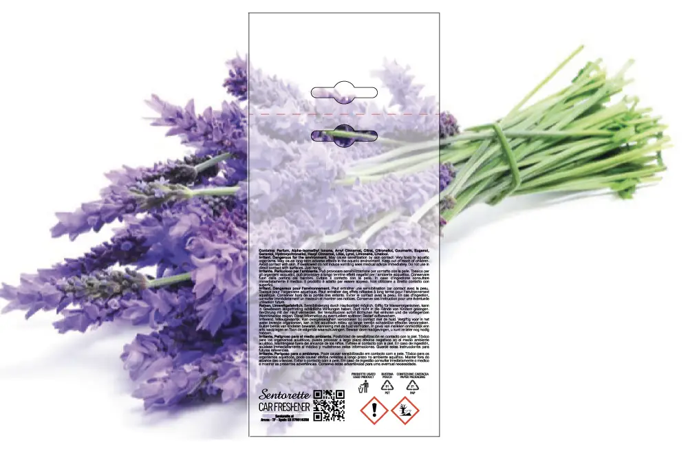 Plantilla de packaging personalizado para ambientador de coche, fragancia:﻿ Lavanda – recurso descargable para packaging de desodorante de coche personalizado